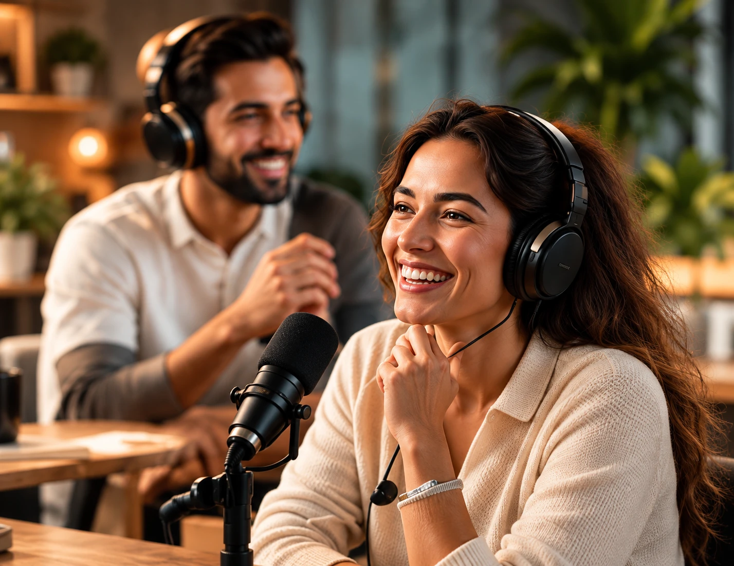 Two hosts having a conversation in a podcast studio