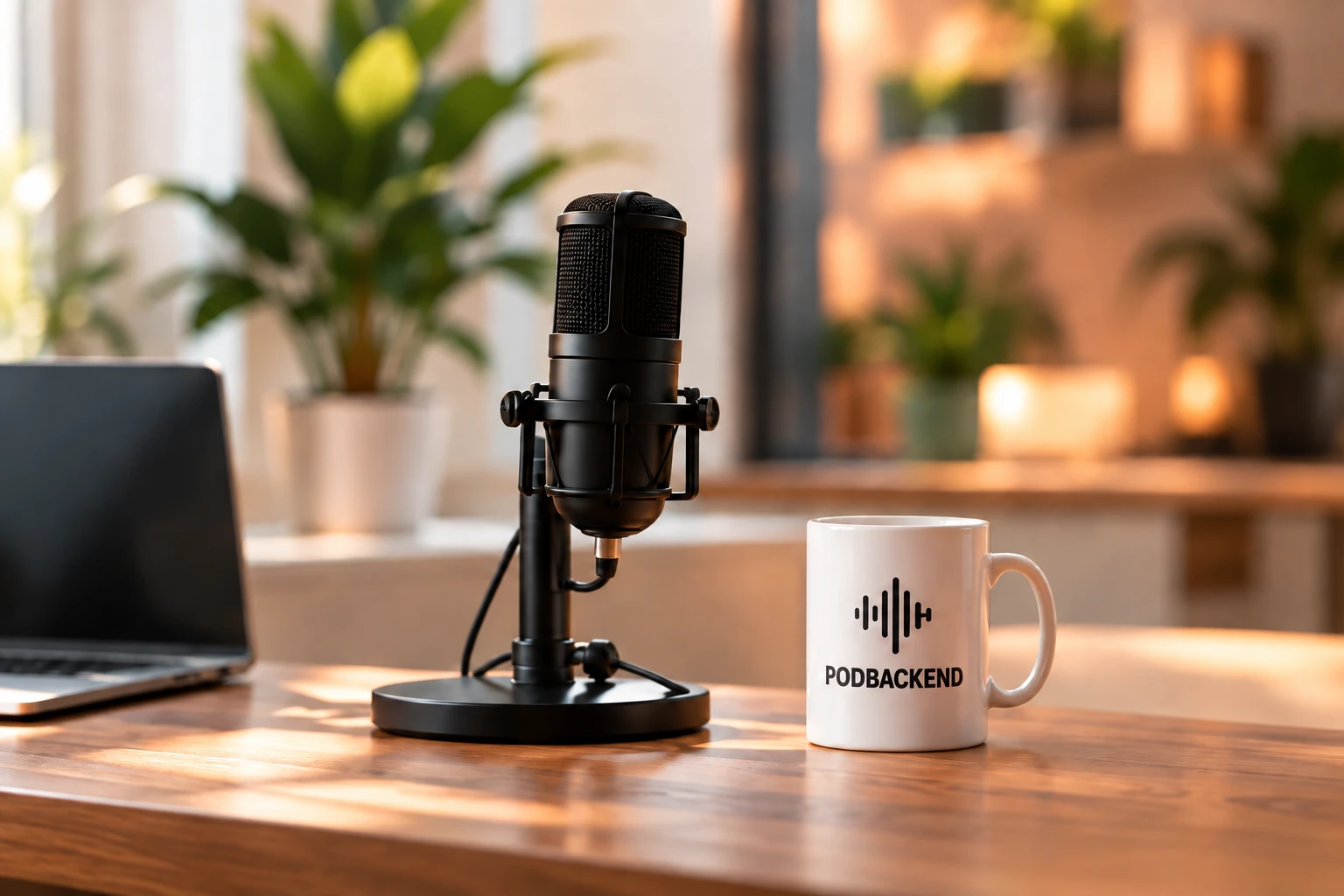 A studio microphone and PODBACKEND mug