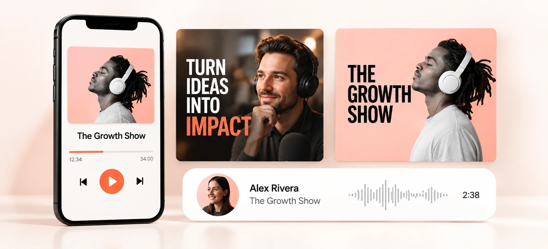 The Growth Show podcast artwork, mobile player and branded social assets