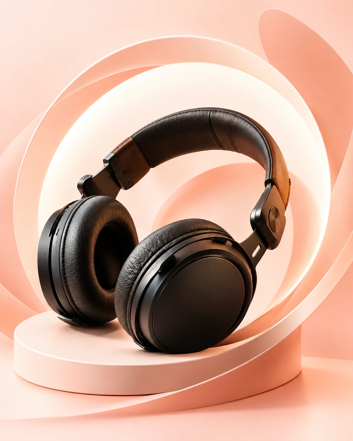 Black studio headphones on a sculptural peach pedestal