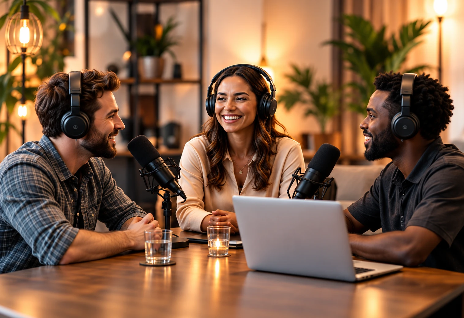 Three podcast hosts in a warm recording studio