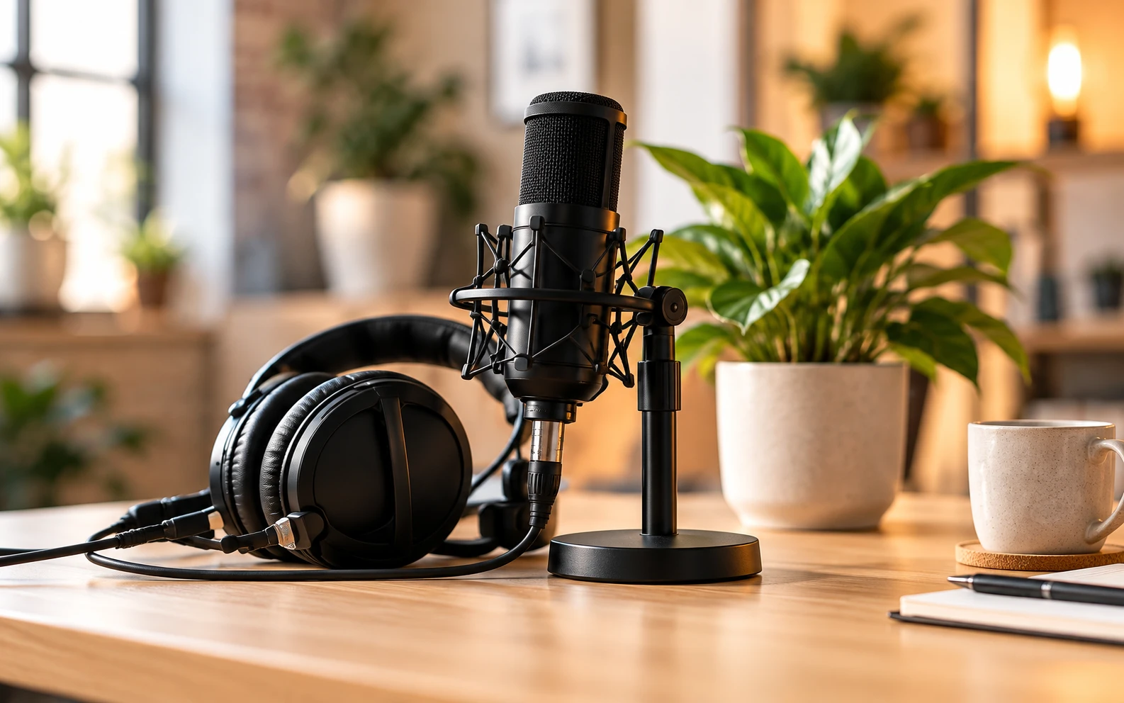 Microphone and headphones on a desk beside a houseplant