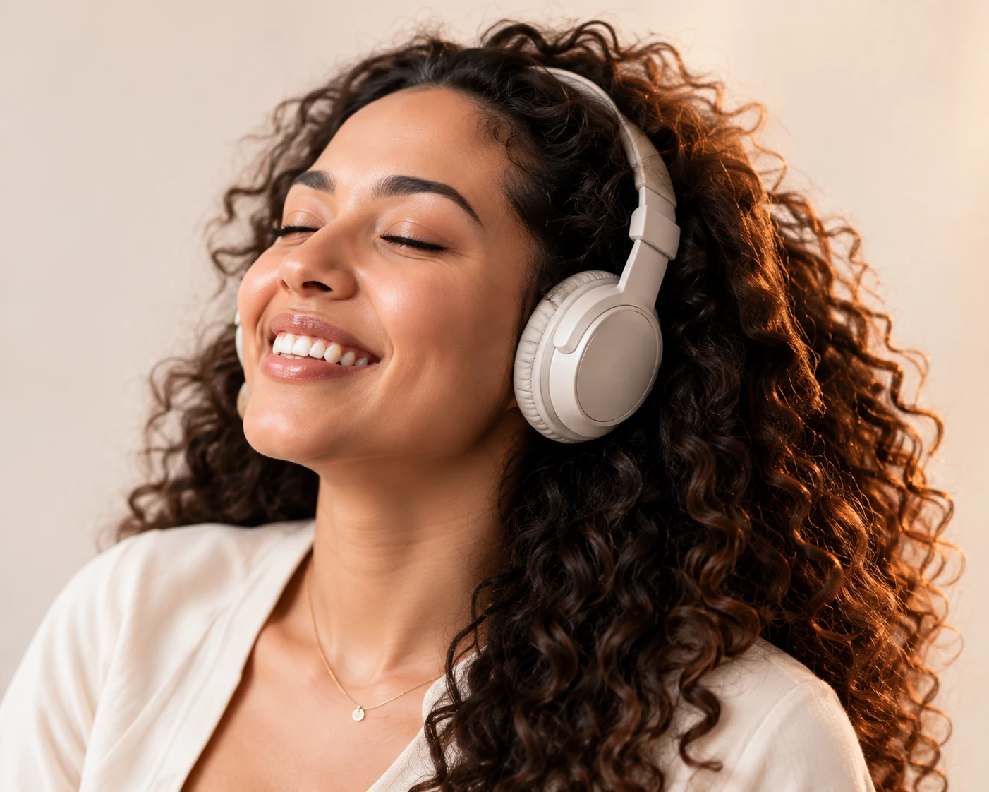 Smiling creator listening with headphones
