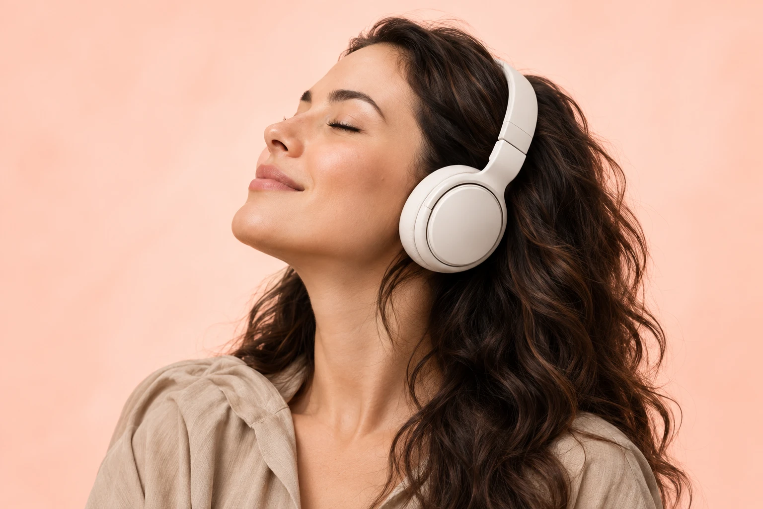 Woman enjoying a podcast with white headphones
