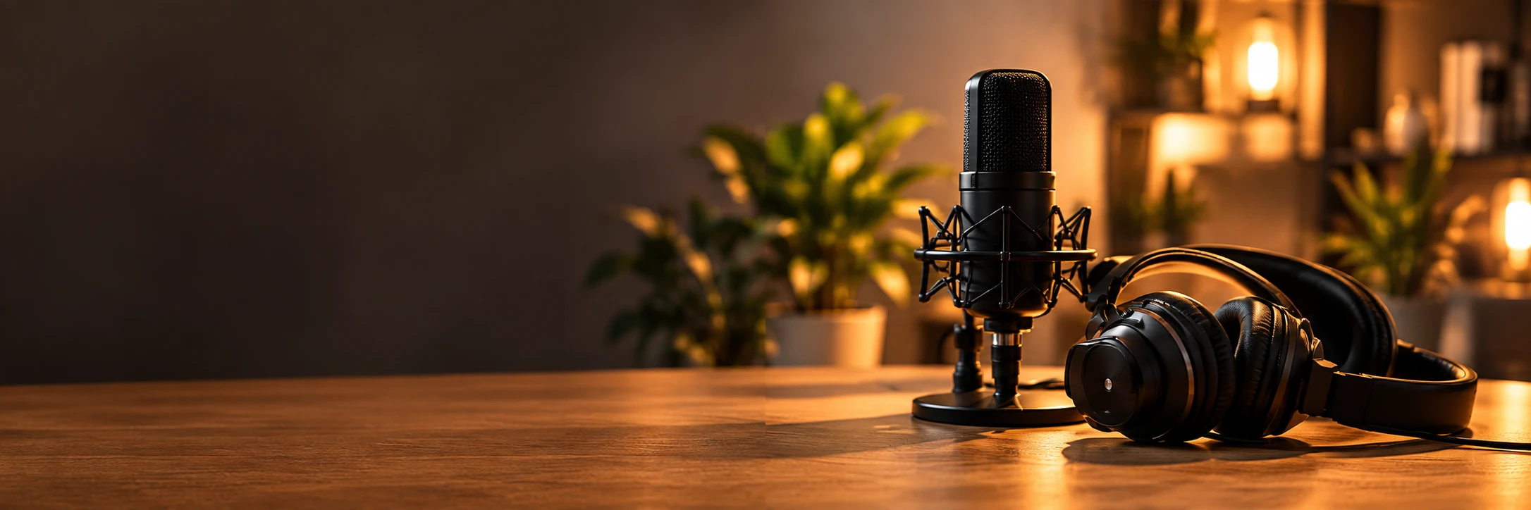 Professional studio microphone and headphones on a warmly lit desk