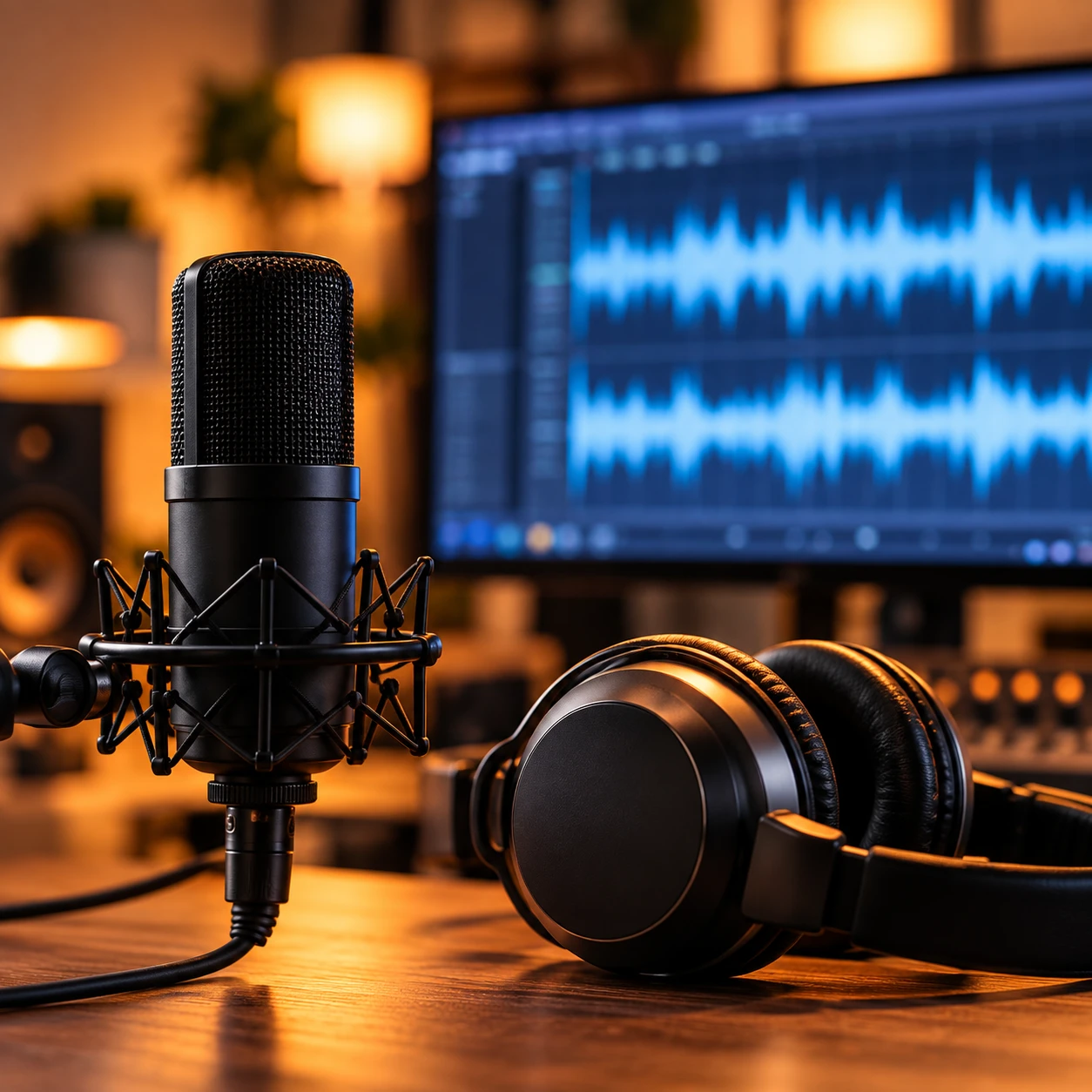 Podcast microphone, headphones, and audio editing workstation